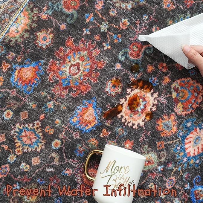 Area Rug 4x6 Rug Washable Boho Rugs Non Slip Low Pile Small Carpet for Bedroom, Bedside, Kids Room, Office, Dining Room (Dark Espresso)