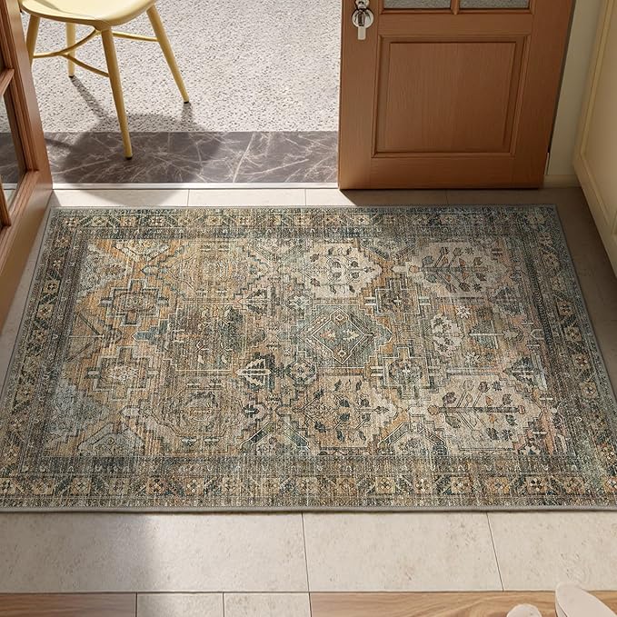 GENIMO 2x3 Area Rugs for Living Room, Machine Washable Non Slip Vintage Rugs, Low Pile Lightweight Chenille Print Rug for Bedroom, Dining Room, Home Office, Warm Taupe