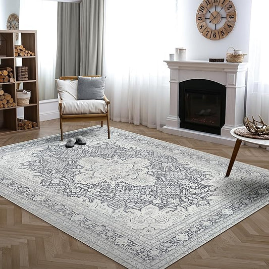 Bloom Rugs Washable Non-Slip 8' x 10' Rug - Charcoal Blue Traditional Medallion Area Rug for Living Room, Bedroom, Dining Room, and Kitchen - Exact Size: 8' x 10'