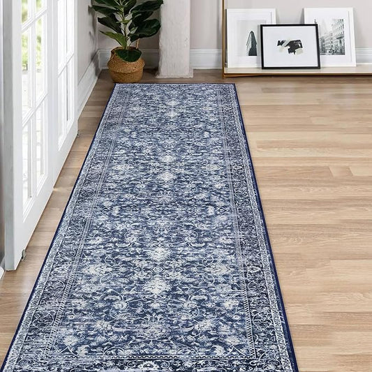 KILOCOCO Hallway Runner 2x7 Rug Runner Printed Vintage Floral Washable Kitchen Runners Non-Slip Rubber Backed Runners for Hallways Laundry Room Distressed Boho Rugs for Entryway Bedroom, Blue