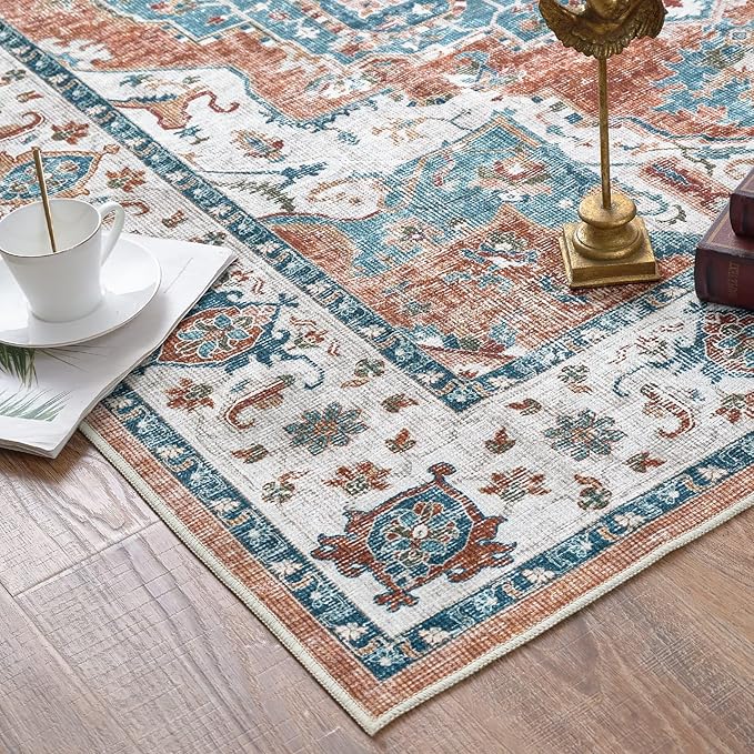 jinchan Area Rug 8x10 Washable Living Room Rug Indoor Large Vintage Floor Cover Distressed Rusty Red Multi Lightweight Non Slip Thin Carpet for Kitchen Bedroom Dining Room