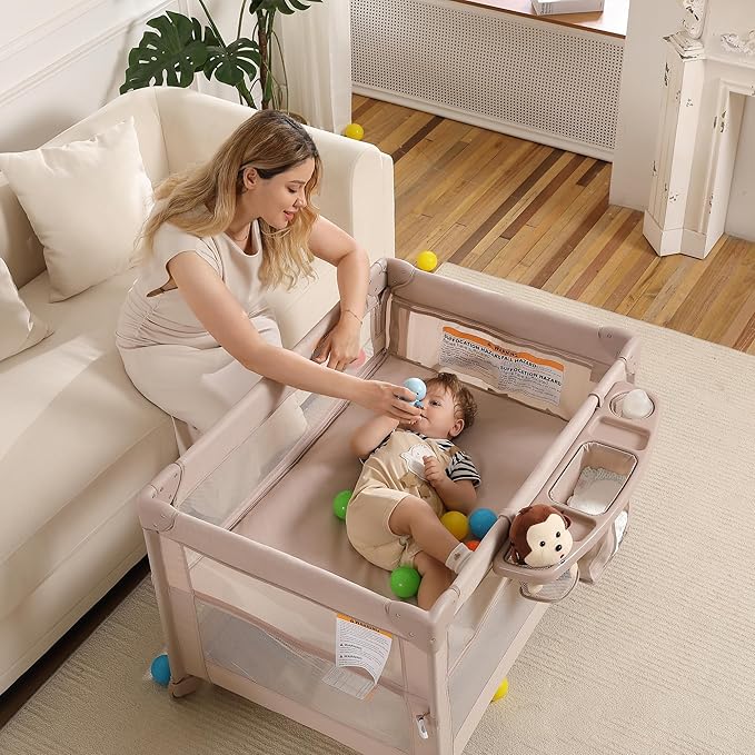 5 in 1 Pack and Play, Portable Travel Baby Bassinet, Foldable Travel Playard Playpen for Toddler, Bedside Crib Sleeper, Diaper Changer Table, Baby Playard for Newborn (Champagne)