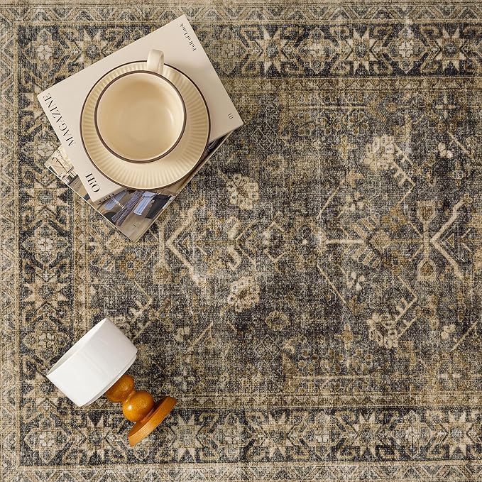 6x9 Brown Black Area Rug for Living Room Washable Vintage Distressed Carpet Large Bedroom Low Pile Non Slip Indoor Soft Retro Throw Accent Rug Office Kitchen Bathroom Dining Room