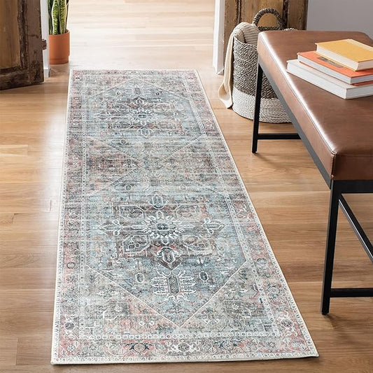 Bloom Rugs Washable Non-Slip 12 ft Runner - Light Pink/Light Blue Traditional Medallion Runner for Entryway, Hallway, Bathroom, and Kitchen - Exact Size: 2.5' x 12'