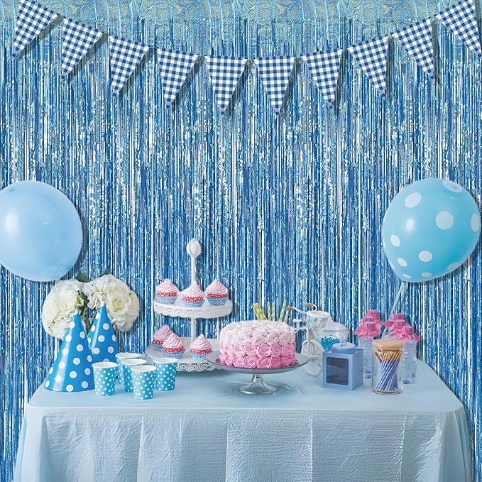 BRAVESHINE Light Blue Tinsel Foil Fringe Curtains - 2Pcs 3.2x8.2 ft Metallic Holiday Photo Booth Backdrop for Easter Birthdays Mermaid Frozen Sea Bachelorette Party Streamers Decorations
