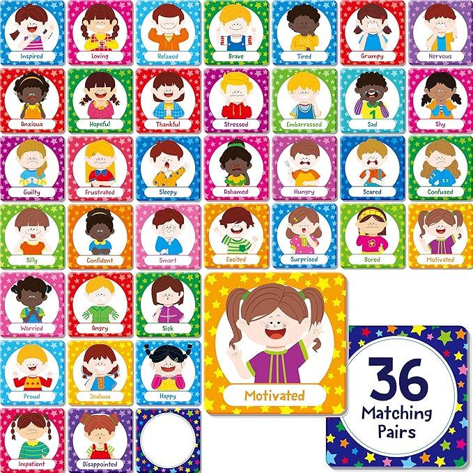 Hebayy 72 PCS Emotions Matching Game, 36 Pairs Feelings Memory Matching Cards Emotional Learning Activities Calm Down Corner Supplies for Baby Toddler Pre-K Preschool Kindergarten Autism ADHD