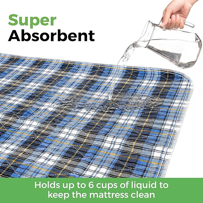 Bed Pads Washable Waterproof, Incontinence Bed Pads for Women and Men, Reusable Waterproof Mattress Protector, Non-Slip, 36" x 34", Blue Plaid, 2 Pack