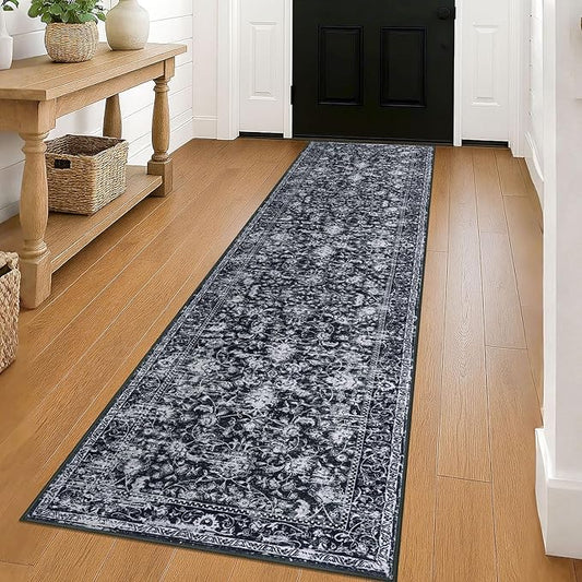 KILOCOCO Hallway Runner 2x8 Rug Runner Printed Vintage Floral Washable Kitchen Runners Non-Slip Rubber Backed Runners for Hallways Distressed Thin Soft Rugs for Entryway Laundry Room, Black/White