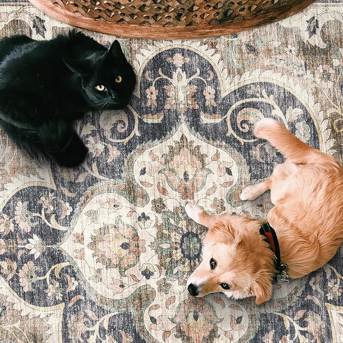 ReaLife Rugs Machine Washable Area Rug Runner - Living Room Bedroom Bathroom Kitchen Entryway Office - Padded Low Pile Stain Resistant Premium - Boho Farmhouse Vintage - Joy - Brown Beige 2'6" x 8'