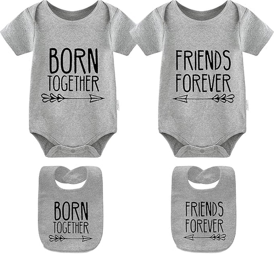 YSCULBUTOL Baby Twins Bodysuits Best Friends Forever Baby Clothes Set with Bibs Girl Outfit with hat