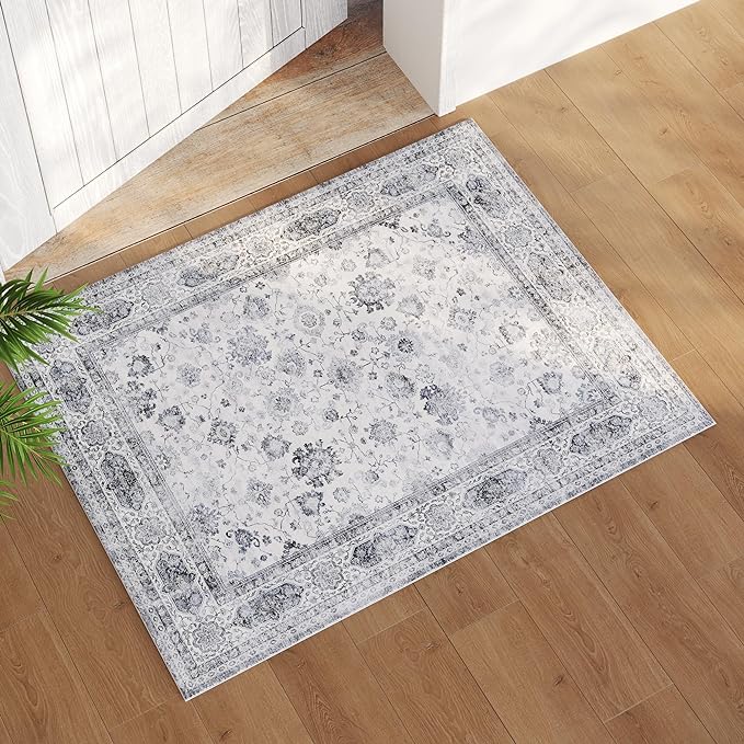 Door Mat Indoor Entrance 2x3 Rug Machine Washable Small Area Rug Non-Slip Low Pile Throw Rugs for Entryway, Kitchen, Front Door Indoor Entrance, Entry, Kids Room (Grey and White)