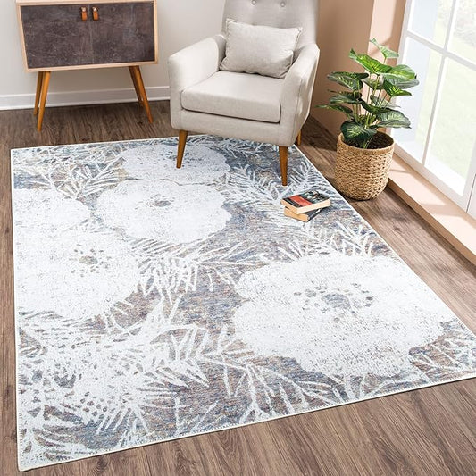 Bloom Rugs Washable Non-Slip 8' x 10' Rug - Tan/Brown/Blue Modern Floral Area Rug for Living Room, Bedroom, Dining Room, and Kitchen - Exact Size: 8' x 10'