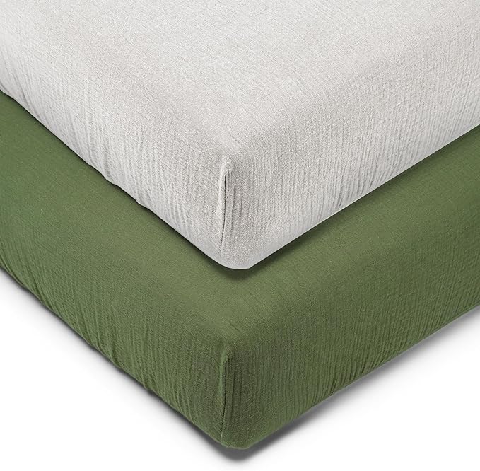 Muslin Mini Crib Sheets for Girls & Boys-2 Pack 24"x 38" Soft Baby Mattress Sheets Fitted-No Slip Neutral Toddler Cotton Bedding-Boho Nursery Décor Olive Green & Beige