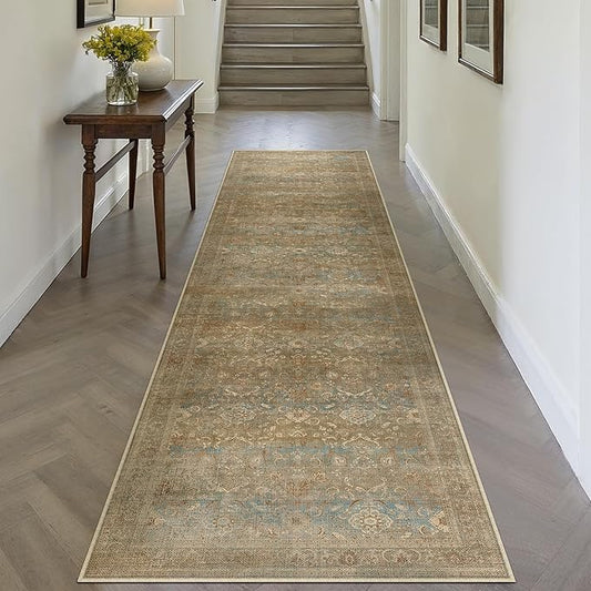Vintage Runner Rug 2x8 Washable Hallway Carpet Non Slip Long Brown Bedroom Low Pile Kitchen Distressed Retro Accent Throw Rug for Bathroom Dining Laundry Living Room