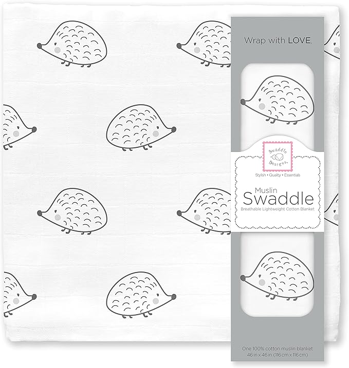 SwaddleDesigns Cotton Muslin Swaddle Blanket, Receiving Blanket for Boys & Girls, Best Shower Gift, 46x46 inches, Black Hedgehog