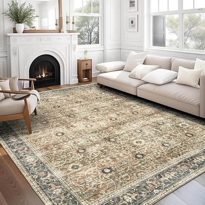ReaLife Rugs Machine Washable Area Rug - Living Room Bedroom Bathroom Kitchen Entryway Office - Padded Low Pile Stain Resistant Premium - Boho Farmhouse Vintage - Dua - Brown Gray Beige 4' x 6'