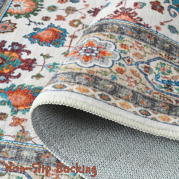 Living Room Rug 5x7 Rug Machine Washable Boho Area Rug Non Slip Vintage Low Pile Large Rugs for Living Room, Bedroom, Farmhouse, Dining Room, Kids Playroom (Colorful)