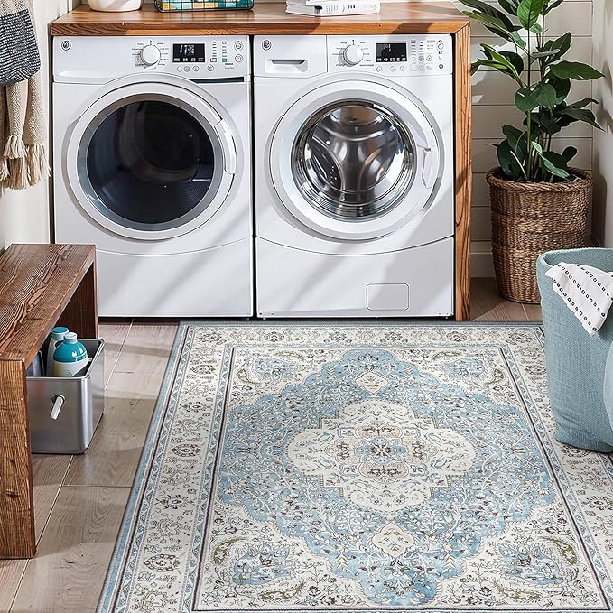 Ciicool Boho Area Rug 3’x5’ Blue Washable Bedroom Non-Slip Oriental Entry Soft Throw Low-Pile Indoor Rug Floor Carpet for Living Room Laundry Foyer Decor (Floral Medallion)