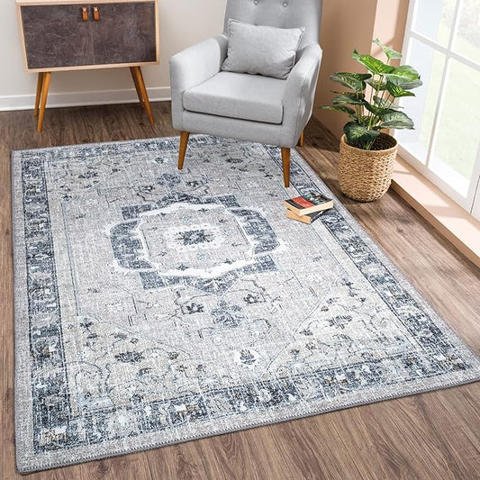 Bloom Rugs Washable Non-Slip 6' x 9' Rug - Pebble Gray/Blue Traditional Medallion Area Rug for Living Room, Bedroom, Dining Room, and Kitchen - Exact Size: 6' x 9'