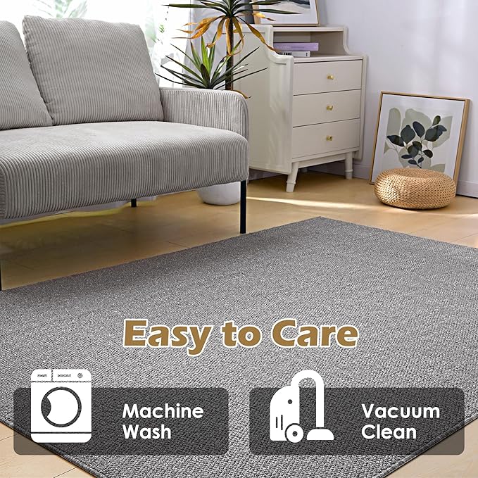 Carvapet 6x9ft Gray Jute Area Rug 9 x 6 Modern Solid Boho Rug with Rubber Backing, Foldable Non Slip Washable Carpet for Living Room Bedroom Home Decor