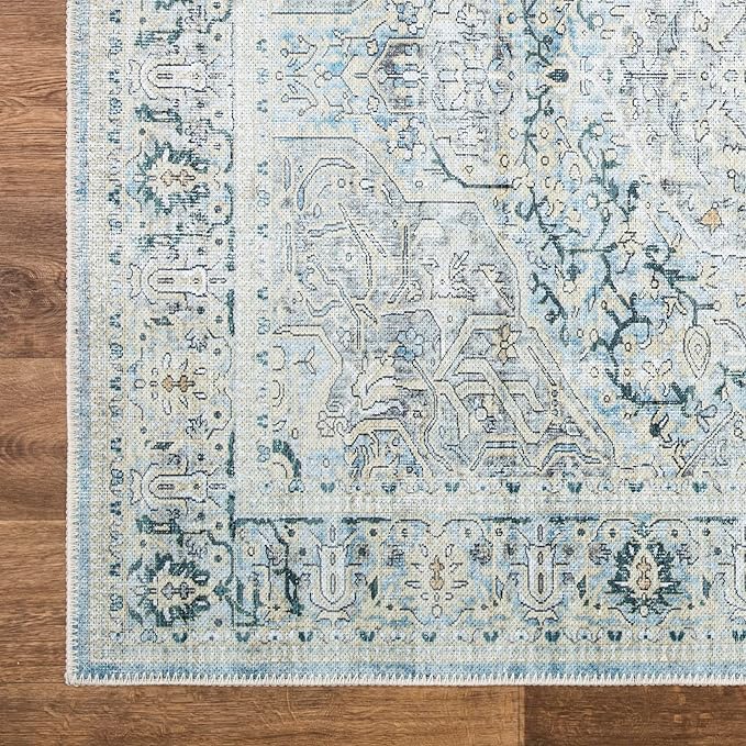 Bloom Rugs Washable Non-Slip 7 ft Runner - Cream/Light Blue/Teal Traditional Medallion Runner for Entryway, Hallway, Bathroom, and Kitchen - Exact Size: 2.5' x 7'