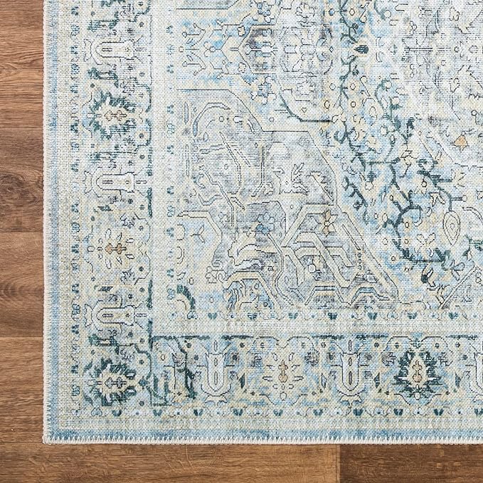 Bloom Rugs Washable Non-Slip 12 ft Runner - Cream/Light Blue/Teal Traditional Medallion Runner for Entryway, Hallway, Bathroom, and Kitchen - Exact Size: 2.5' x 12'