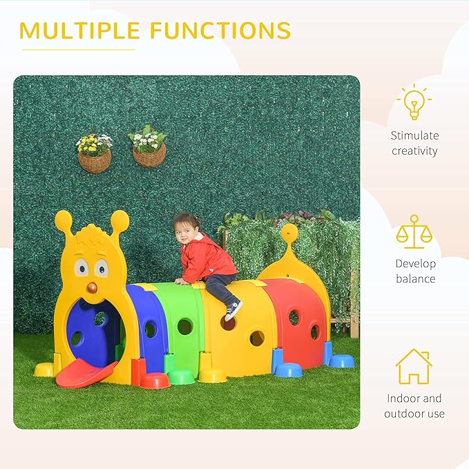 Qaba Caterpillar Tunnel, Toddler Tunnel for Kids Crawl and Climb Through, Kids' Play Structure Indoor Outdoor, 4 Sections, Multicolored
