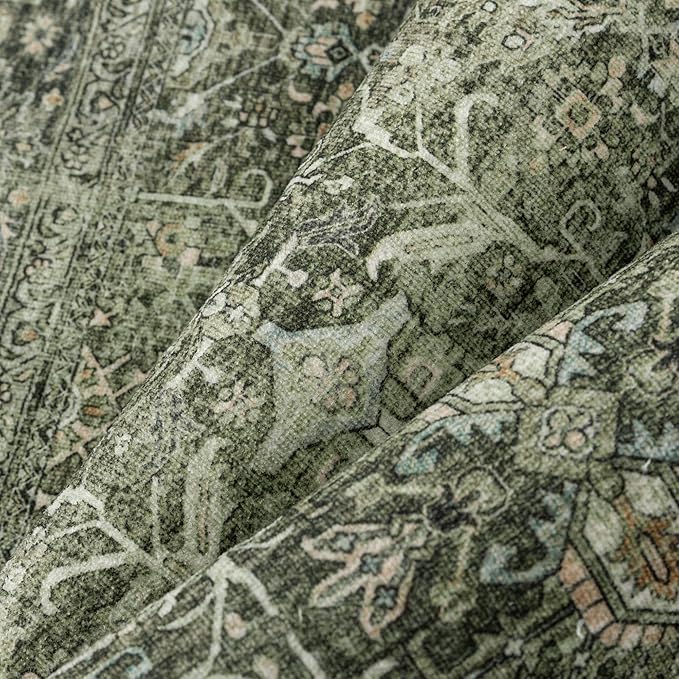 Vintage Area Rug 6x9 Green Washable Living Room Large Carpet Non Slip Bedroom Indoor Office Low Pile Traditional Distressed Retro Accent Rug for Dining Room Kitchen