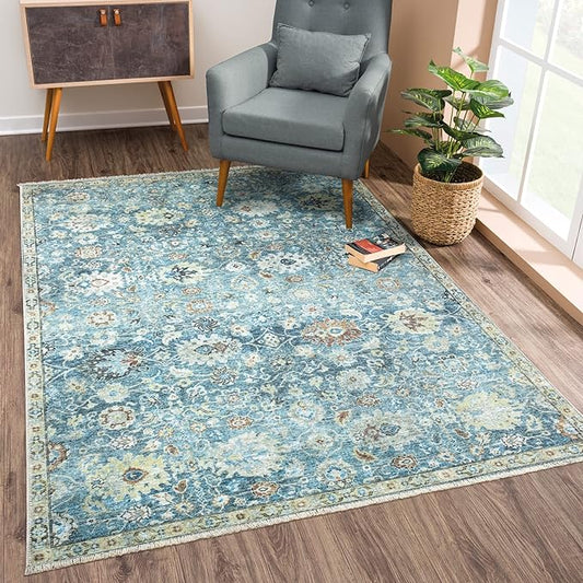 Bloom Rugs Caria Washable Non-Slip 6x9 Rug - Blue/Beige Traditional Area Rug for Living Room, Bedroom, Dining Room, and Kitchen - Exact Size: 6' x 9'