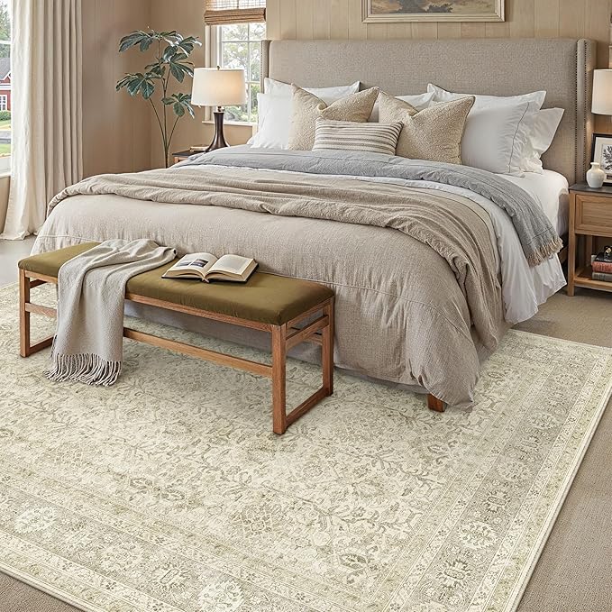 Vintage Area Rug 5x7 Beige Washable Living Room Large Carpet Non Slip Bedroom Indoor Office Low Pile Traditional Distressed Retro Accent Rug for Dining Room Bathroom Kitchen