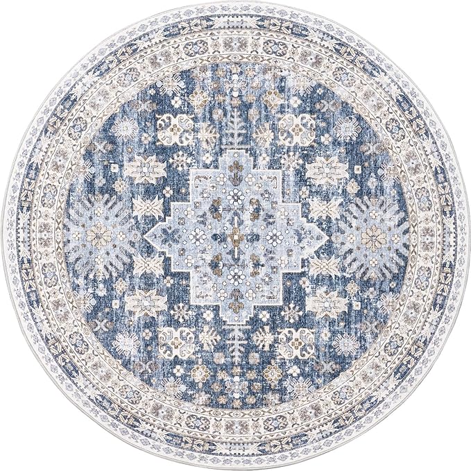 zesthome 9ft Round Rugs for Living Room, Non-Slip Washable Round Area Rugs, Ultra-Thin Large Circle Rugs, Soft Low Pile Rug for Bedroom, Kitchen - Vintage Stain Resistant Round Rug (Blue/Beige,9'x9')