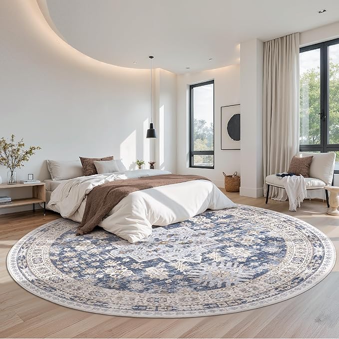 zesthome 9ft Round Rugs for Living Room, Non-Slip Washable Round Area Rugs, Ultra-Thin Large Circle Rugs, Soft Low Pile Rug for Bedroom, Kitchen - Vintage Stain Resistant Round Rug (Blue/Beige,9'x9')