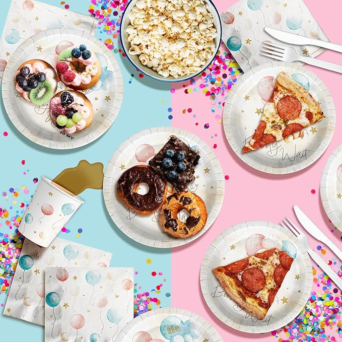 Birthday Galore We Can Bearly Wait Teddy Bear Gender Reveal Party Supplies - 64 Piece Gender Reveal Tableware Set Includes Large 9" Dinner Plates and 8" Dessert Paper Plates Napkins Cups - Kit for 16