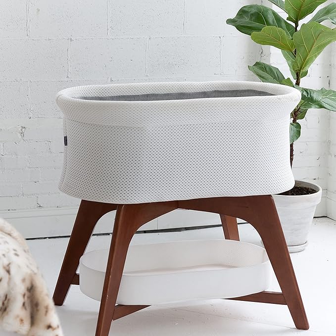 Evi Smart Baby Bassinet Beside Sleeper with Auto-Glide, Ambient Nightlight & Sensory Sounds, Compatible with Alexa and Google Home, Includes 2 Sheets (Soft White W/Natural Legs)