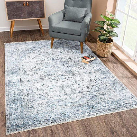 Bloom Rugs Caria Washable Non-Slip 8x10 Rug - Ivory/Blue/Gray Traditional Area Rug for Living Room, Bedroom, Dining Room, and Kitchen - Exact Size: 7'8" x 10'