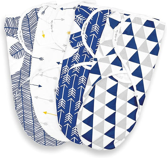 BaeBae Goods Swaddle Blanket, Adjustable Infant Baby Swaddling Wrap Set of 4, Baby Swaddling Wrap Blankets for Boys and Girls Made in Soft Cotton (Navy/Grey Triangles, 3-6 Months)