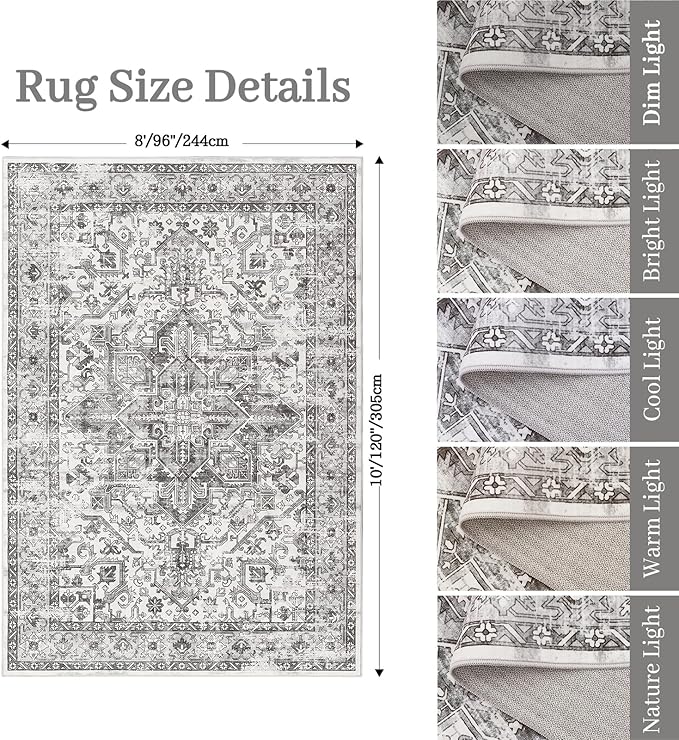 zesthome 8x10 Area Rugs for Living Room,Non-Slip Backing Washable Rugs,Vintage Large Area Rug，Stain Resistant Home Decor Rug (Grey/White,8'x10')