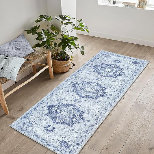 Bloom Rugs Washable Non-Slip 10 ft Runner - Gray/Blue Traditional Medallion Runner for Entryway, Hallway, Bathroom, and Kitchen - Exact Size: 2.5' x 10'