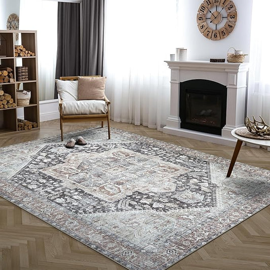 Bloom Rugs Washable Non-Slip 9' x 12' Rug - Charcoal/Brown Traditional Medallion Area Rug for Living Room, Bedroom, Dining Room, and Kitchen - Exact Size: 9' x 12'