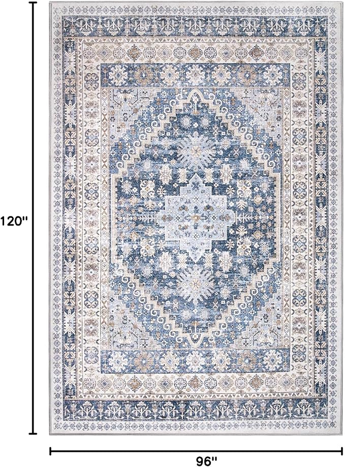 zesthome 8x10 Area Rugs for Living Room,Non-Slip Backing Washable Rugs,Vintage Large Area Rug,Stain Resistant Home Decor Rug (Blue/Beige,8'x10')