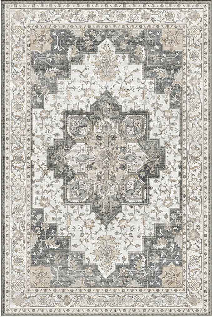 GENIMO 5x7 Area Rugs for Living Room, Machine Washable Non Slip Vintage Rugs, Low Pile Lightweight Chenille Print Rug for Bedroom, Dining Room, Home Office, Heathered Grey