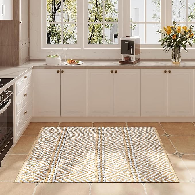 Jute Cotton Stripe Area Rug for Living Room 24x36 Inch - Natural Ivory - Machine Washable 2x3 Feet Rugs - 70% Jute and 30% Cotton