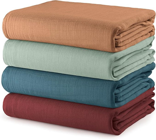 Comfy Cubs Muslin Swaddle Blankets Pack of 4, 47 x 47 Inches, Soft Cotton Baby Blanket Set, Large Multipurpose Swaddling Wraps for Newborns - Self-Soothing Swaddle - Wine, Neptune, Fern, Caramel