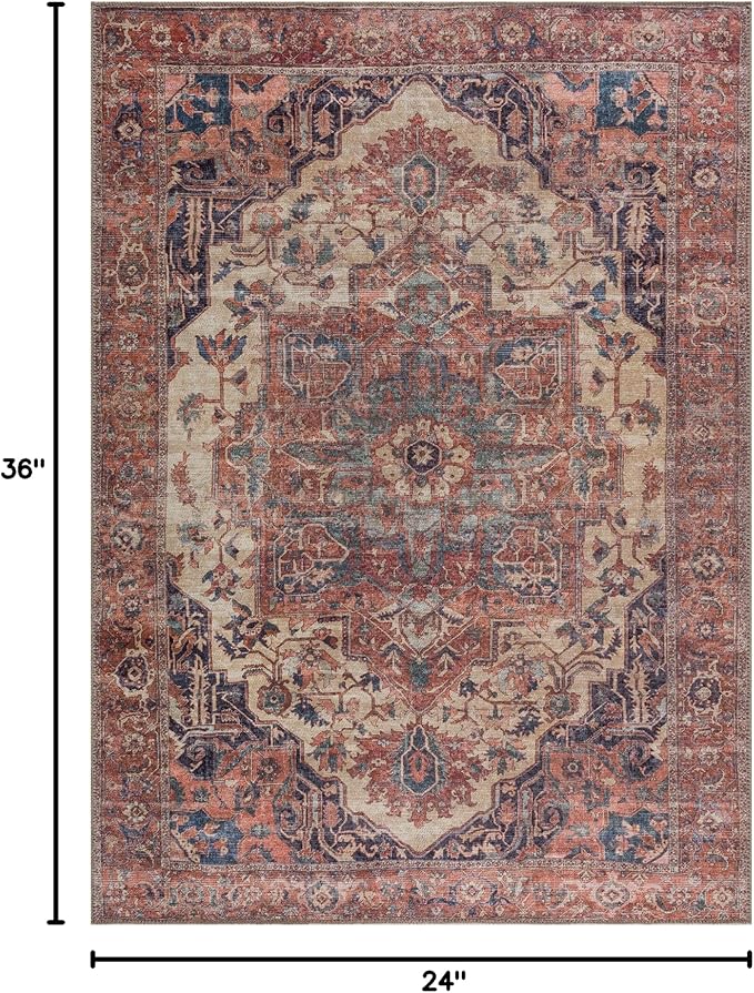 Bloom Rugs Washable Non-Slip 2' x 3' Rug - Beige/Terracotta Traditional Oriental Area Rug for Living Room, Bedroom, Dining Room, and Kitchen - Exact Size: 2' x 3'