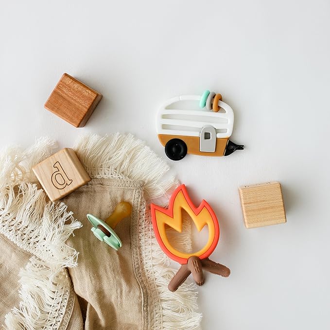 Lucy Darling Little Camper Baby Teether Set – 2 Textured Silicone Teething Toys (Camper & Campfire) for Babies 3–6 Months | BPA-Free, Easy to Hold & Clean | Baby Registry & Shower Gift
