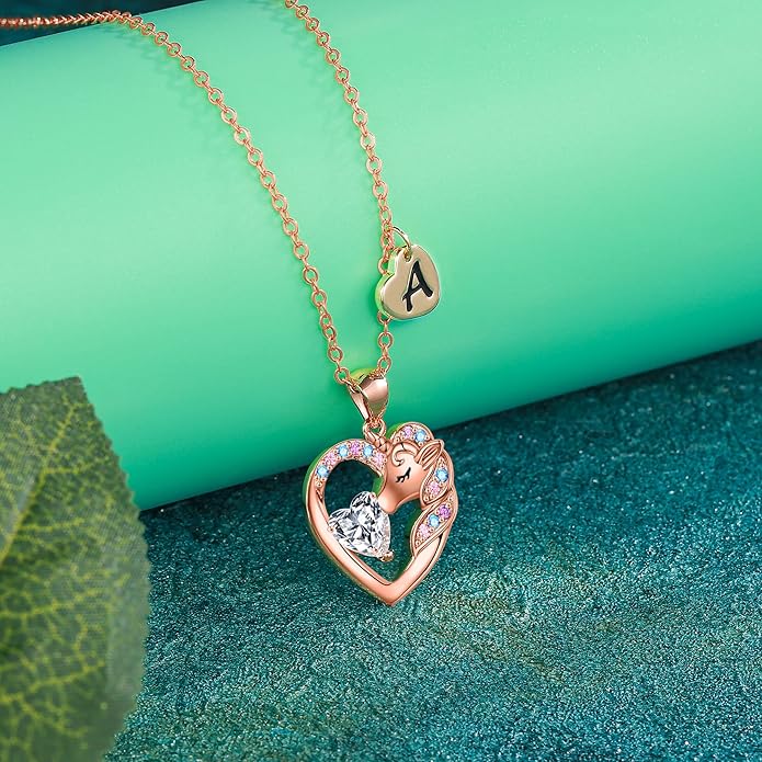 Unicorn Necklace Gifts for Girls Kids - Colorful CZ Heart Initial Necklaces Unicorn Necklace for Girls Jewelry Birthday Gifts for Little Girl Kids