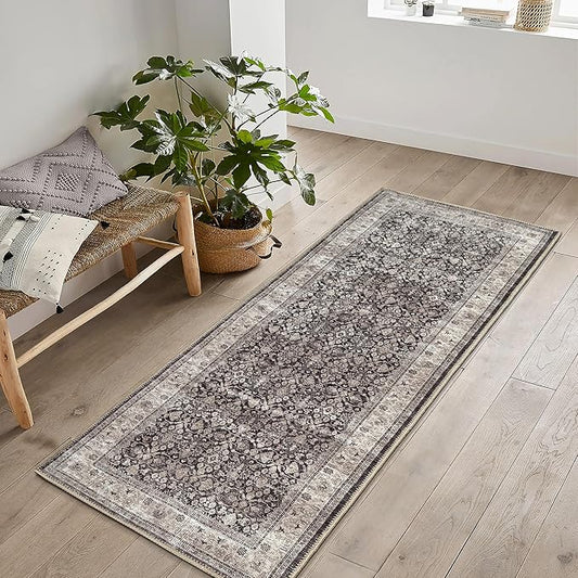 Bloom Rugs Washable Non-Slip 12 ft Runner - Charcoal/Beige Traditional Bordered Runner for Entryway, Hallway, Bathroom, and Kitchen - Exact Size: 2.5' x 12'