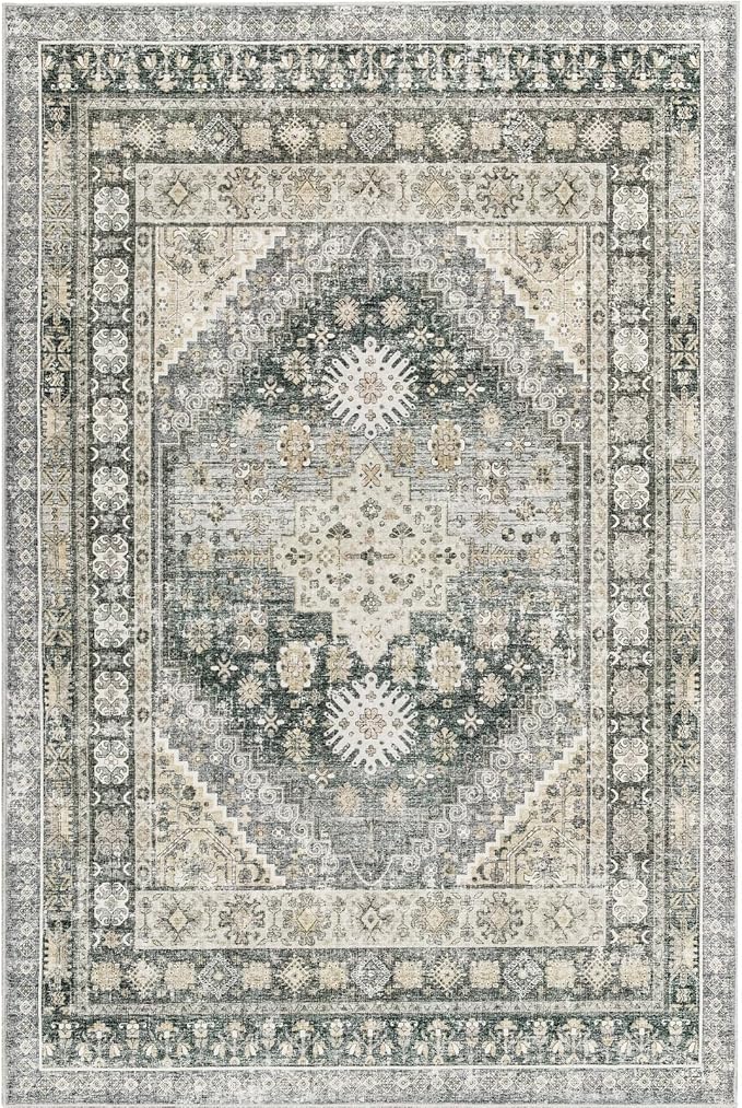 zesthome 5x7 Area Rugs - Ultra-Thin Washble Rug, Stain Resistant Anti Slip Backing Rugs for Living Room,Bedroom, Vintage Home Decor Area Rug (Wheat/Charcoal,5'x7')