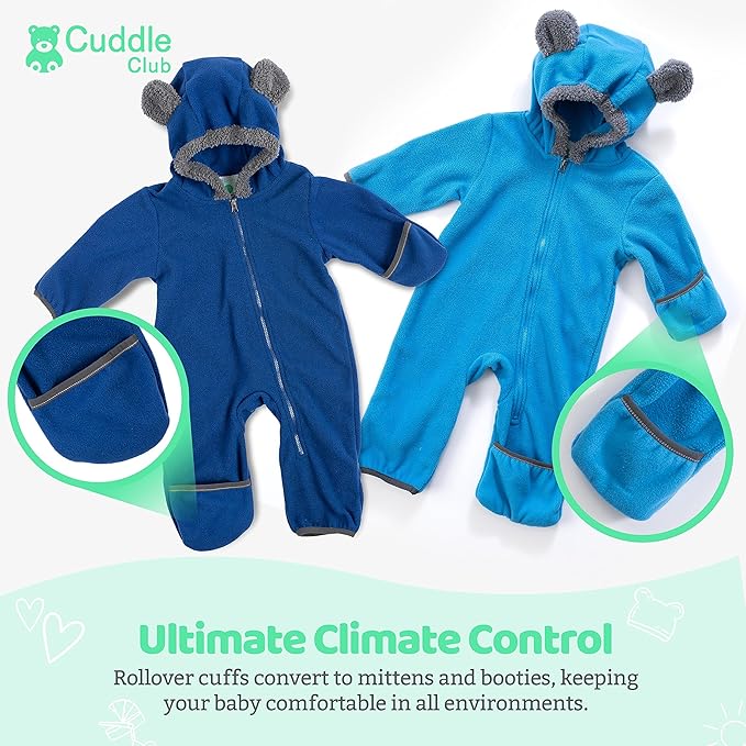Cuddle Club Fleece Baby Bunting Bodysuit with Hood, Convertible Mittens & Booties, Car Seat Friendly, Soft & Warm, Easy Zip
