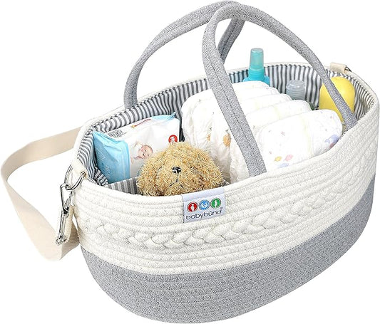 Extra Large Baby Diaper Caddy Organizer - Portable Rope Nursery Basket for Changing Table Storage - Baby Essentials Organizer for Diapers, Wipes, and More